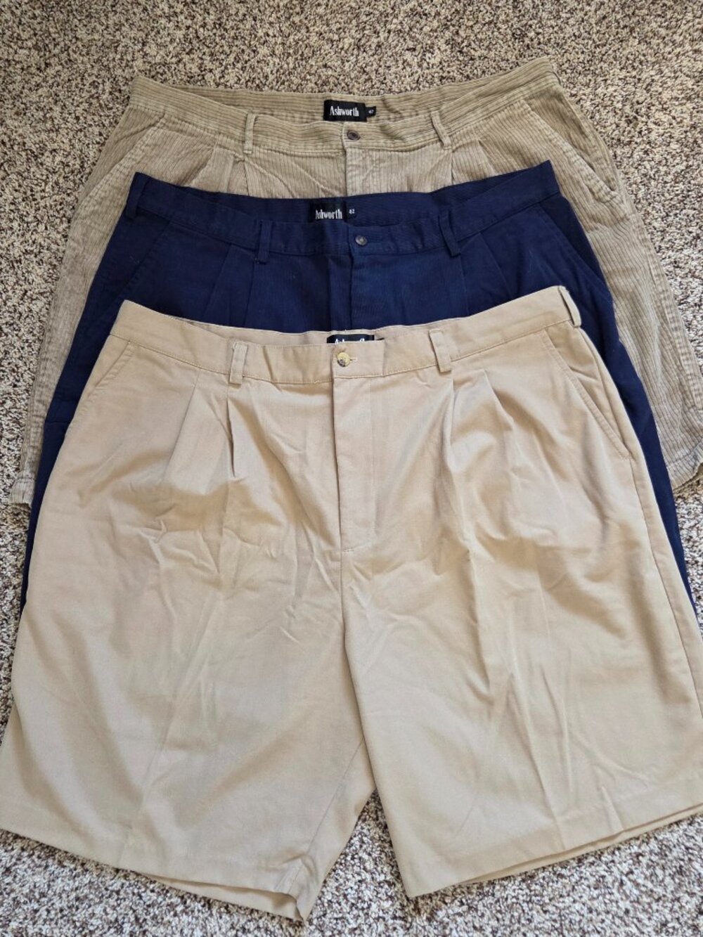 Ashworth Golf Shorts Mens 42W Lot Of 3 Pairs Navy Khaki Corduroy Pleated Preppy